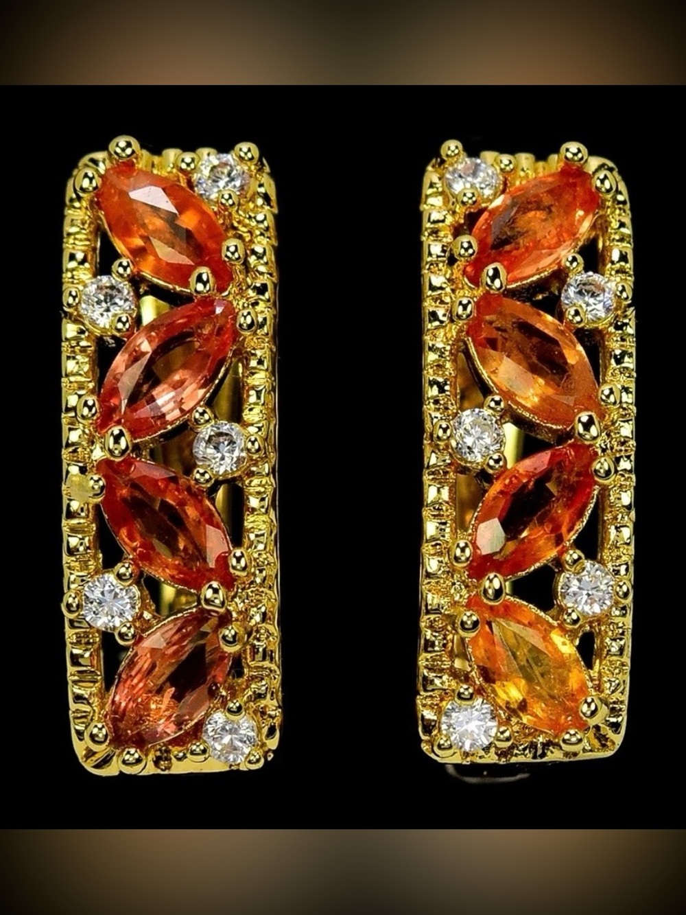 Orange Sapphire white Topaz 14k on Silver Earrings